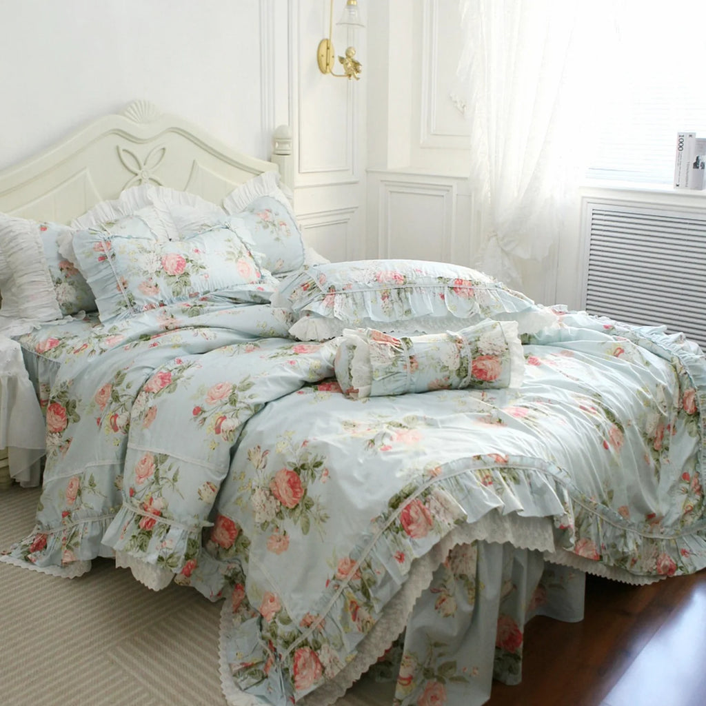 Princess Ruffle Blue Floral Bedding Set