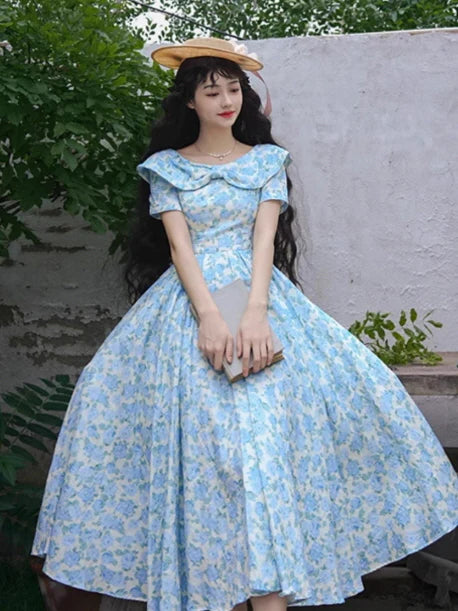 Blue Garden Bloom Vintage Dress