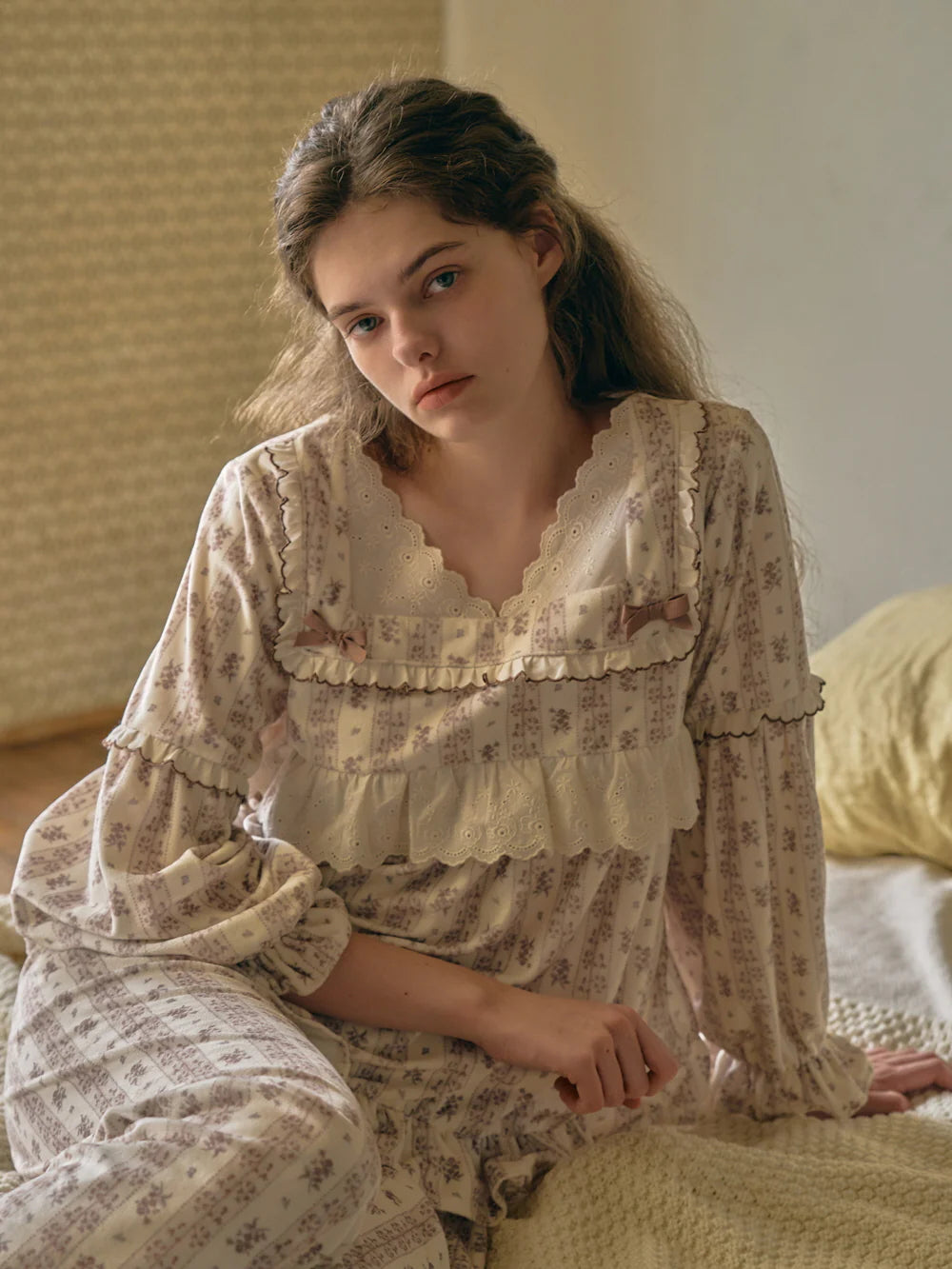 Brown Ribbon Lace Flannel Pajama Set