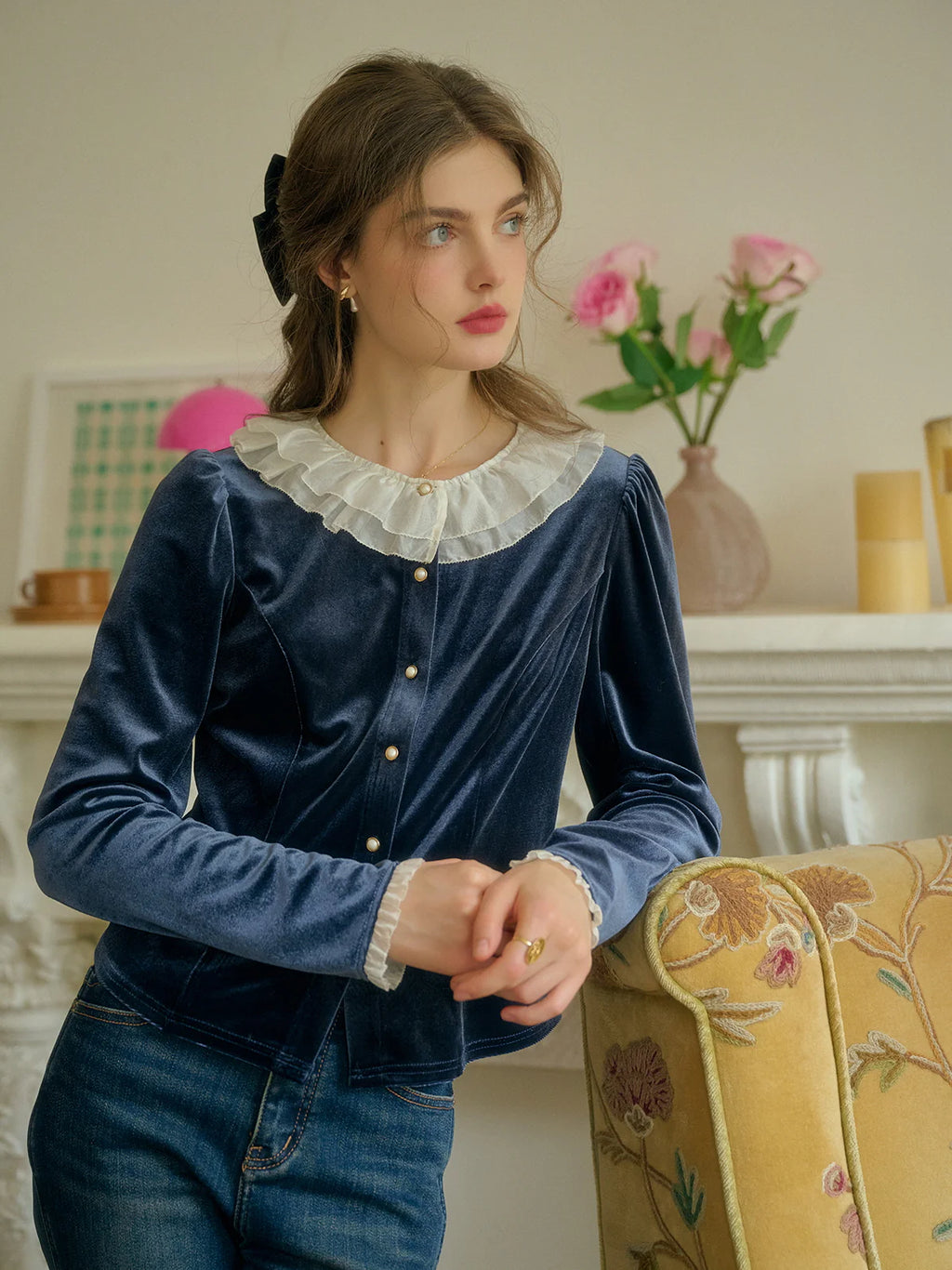 Ruffle Collar Midnight Velvet Elegance Blouse