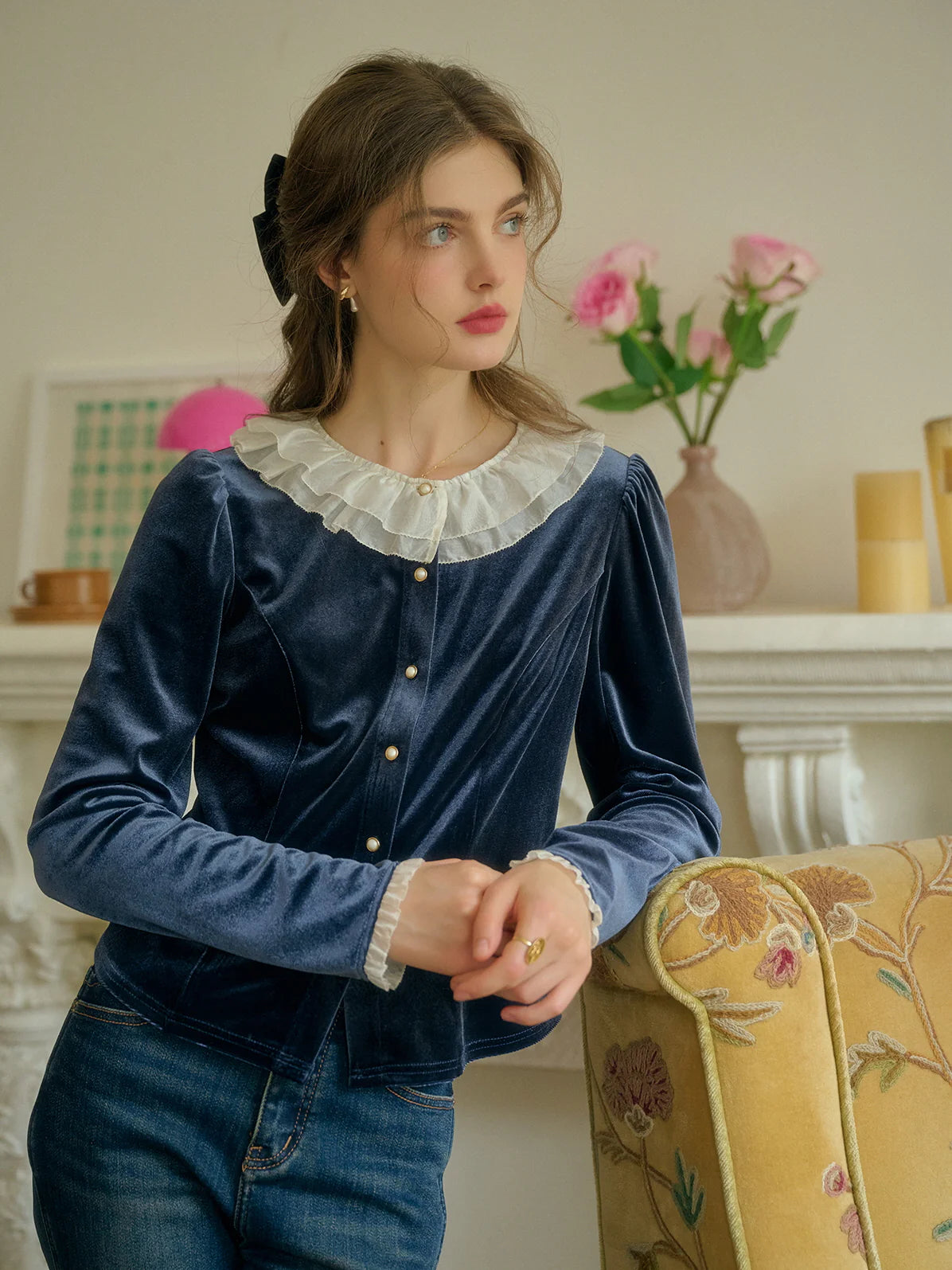 Ruffle Collar Midnight Velvet Elegance Blouse