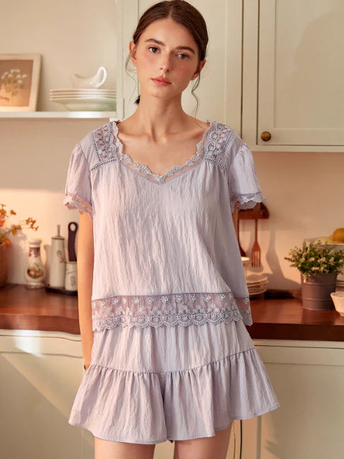 Lavender Lace Trim Two-Piece Loungewear Set