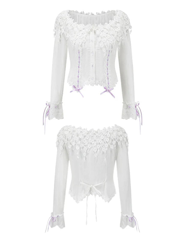 Lilac Ribbon Embroidered Lace Blouse