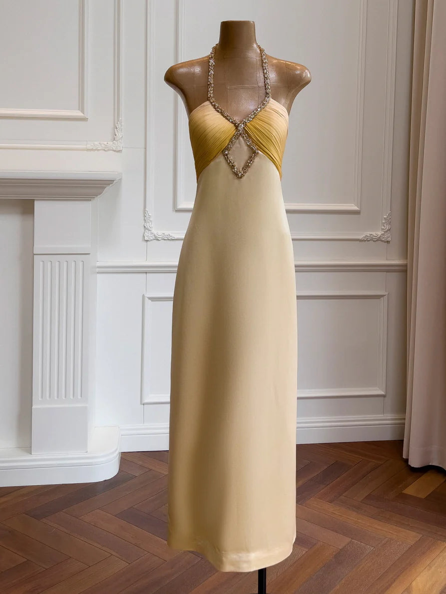 Golden Twilight Beaded Halter Dress