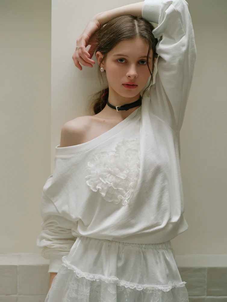 Coquette Lace Heart Off-Shoulder Sweatshirt