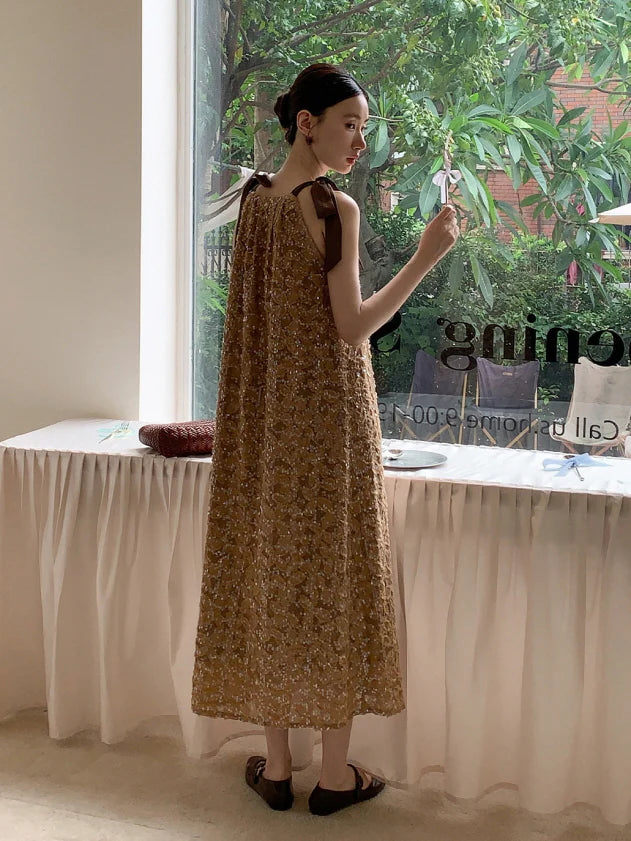 Golden Sequin Ribbon Strap Dress