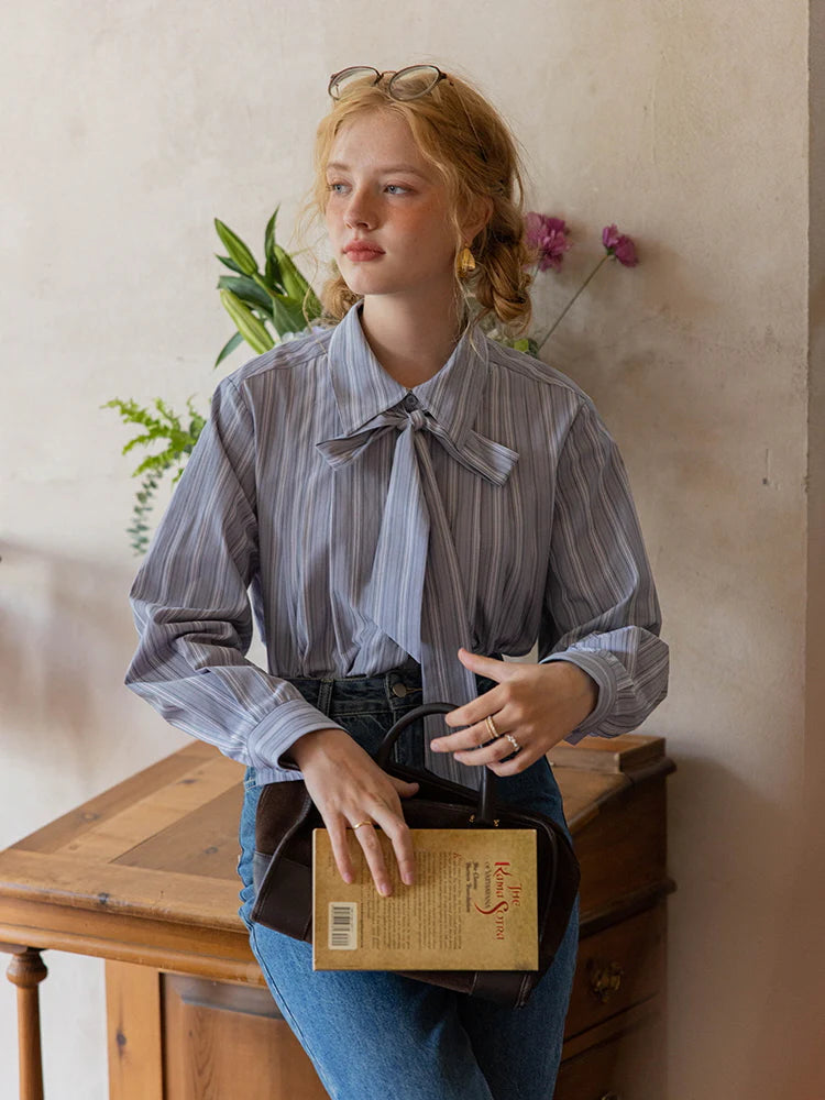 Vintage Striped Bow-Tie Blouse