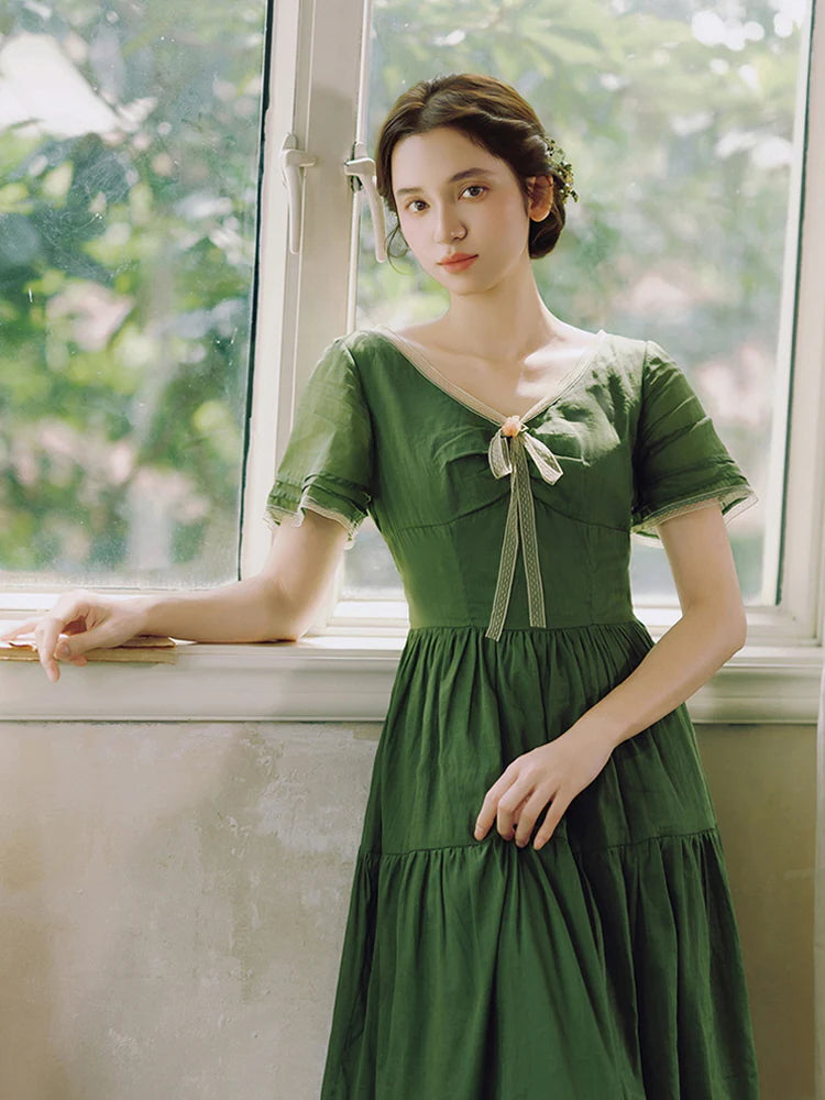 Woodland Green Bow‑Tie Dress