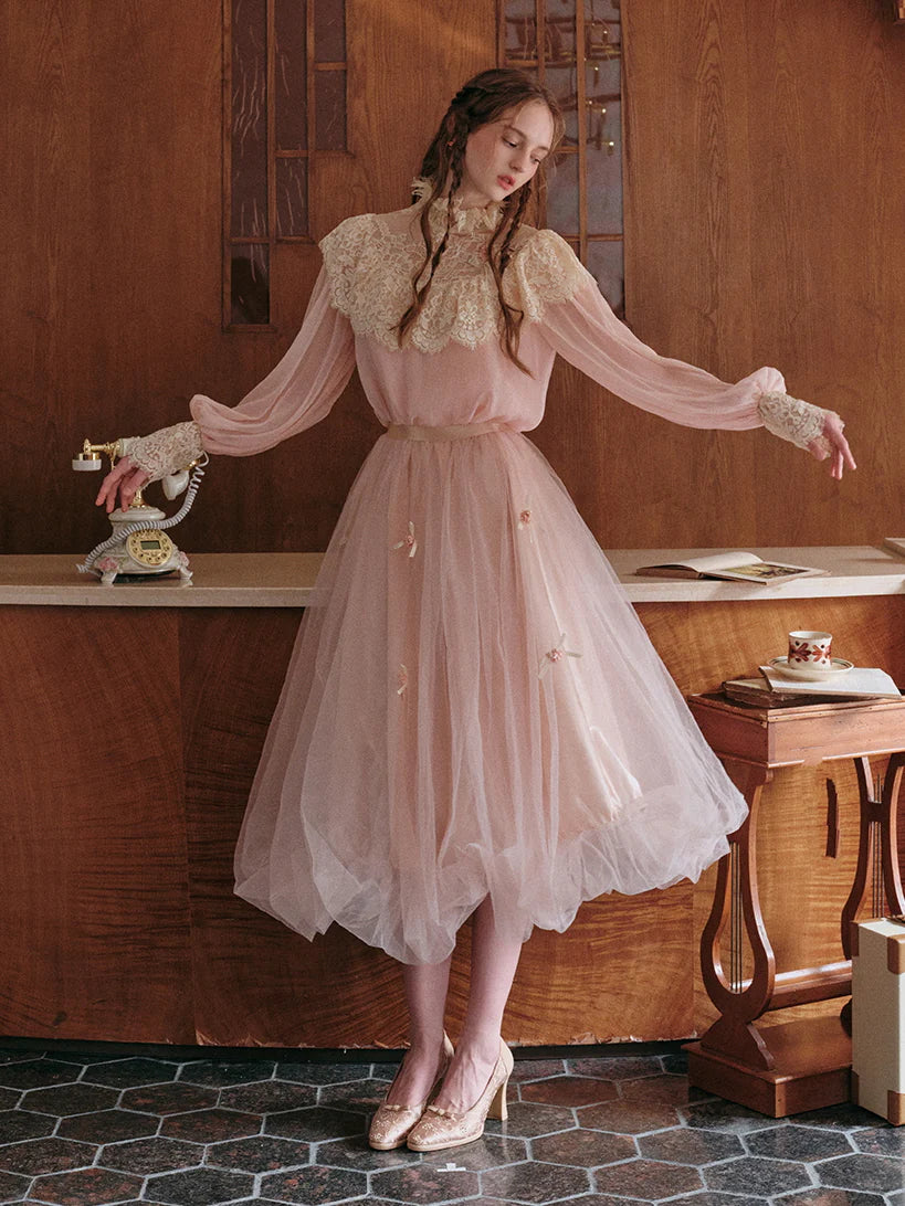 Vintage Lace Embellished Blush Pink Blouse