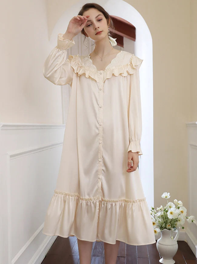 Vintage-Inspired Cream Ruffle  Nightgown