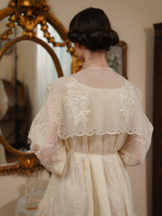 Embroidered Shawl Collar Tiered Dress