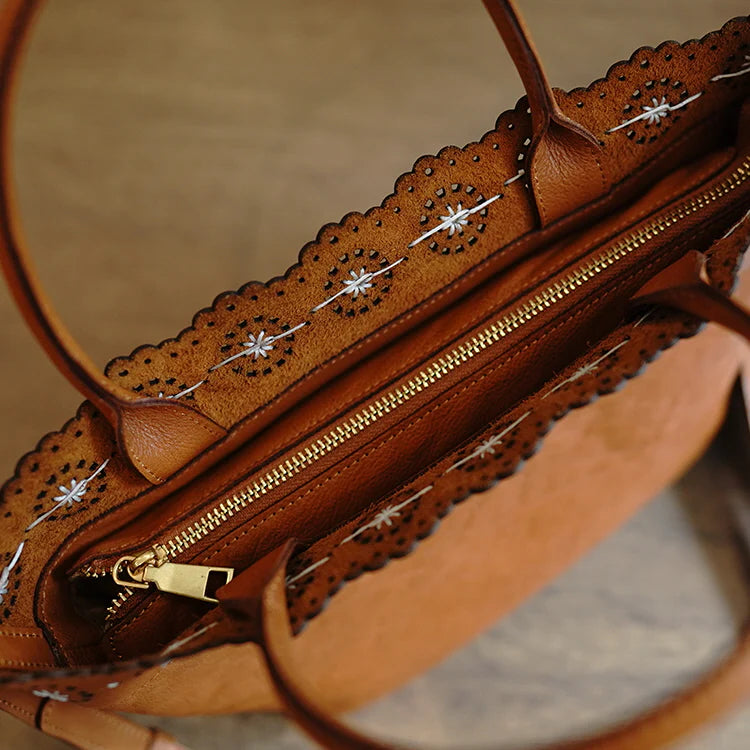 Scalloped Edge Genuine Leather Tote Bag