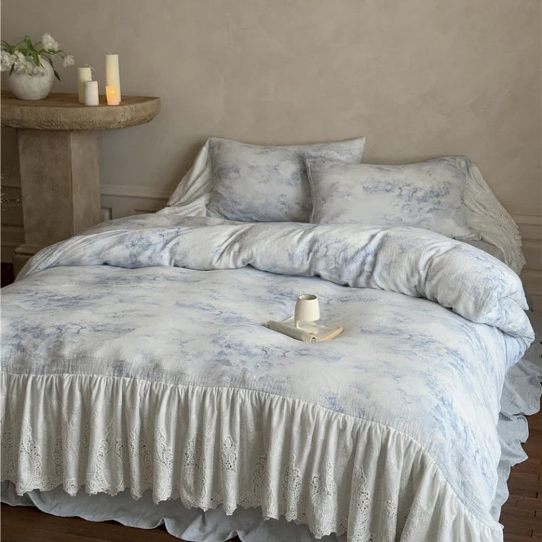 Watercolor Blue Lace Ruffle Bedding Set