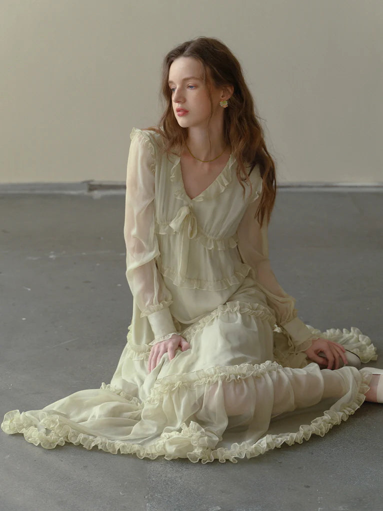 Soft Cream Ruffle Tiered Sheer Dress