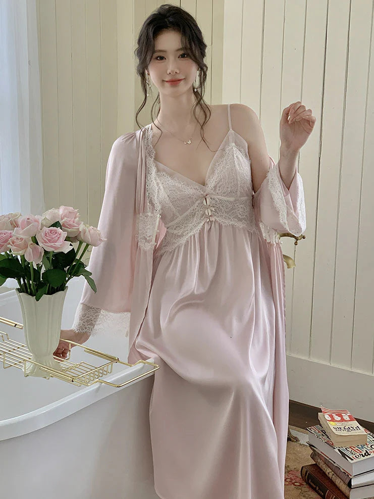 Blush Lace Trim Nightgown & Robe Set
