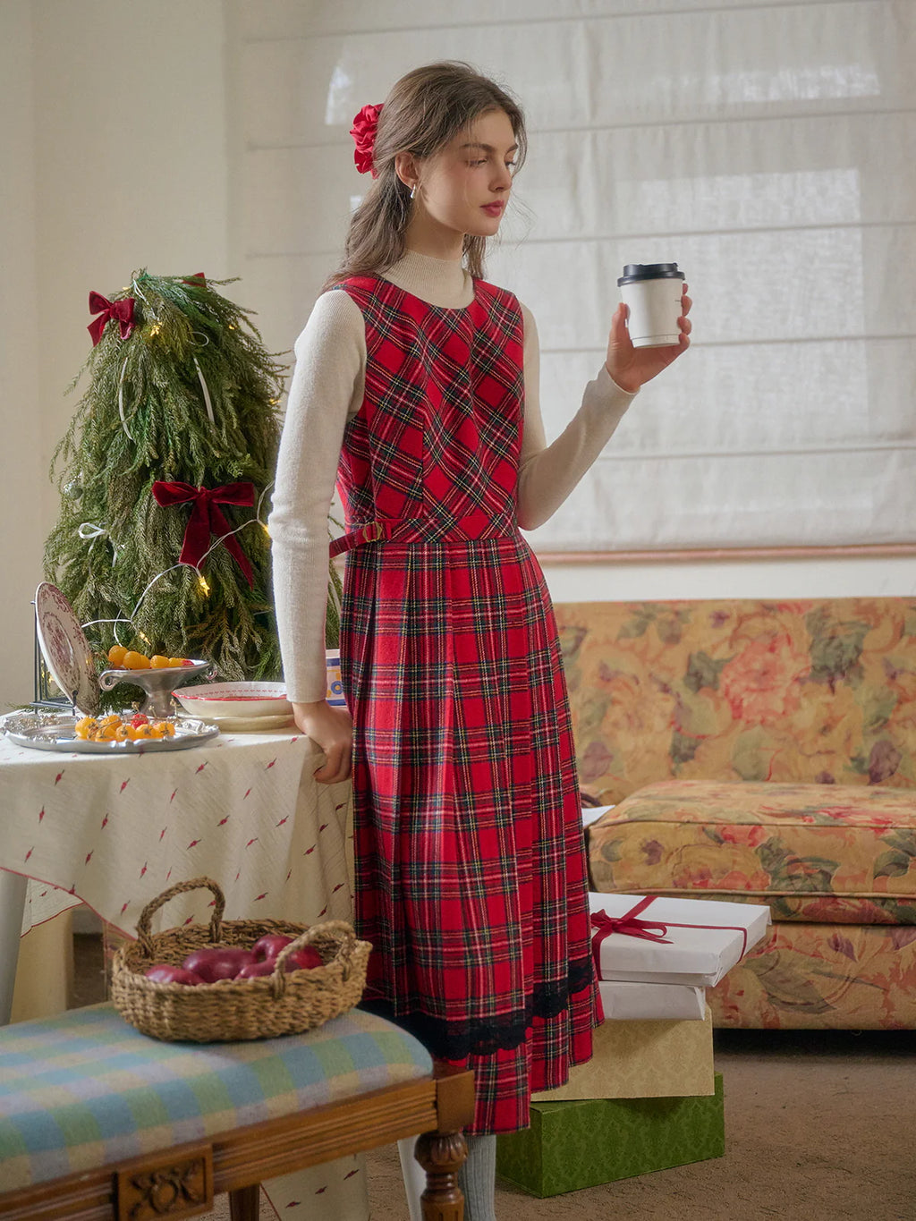 Classic Red Tartan Plaid Sleeveless Dress