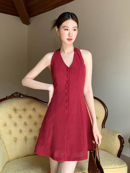 Cherry Ribbon Polka Dot Halter Dress