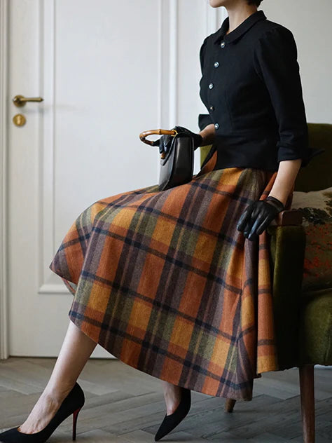 Vintage Autumn Wool Plaid Skirt