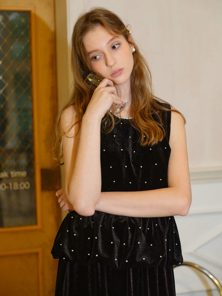 Midnight Pearl Velvet Peplum Vest