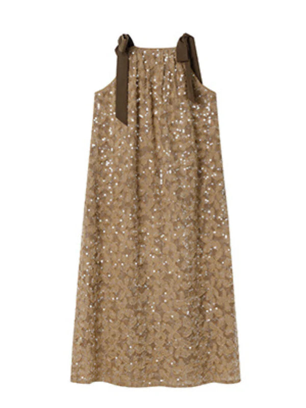Golden Sequin Ribbon Strap Dress