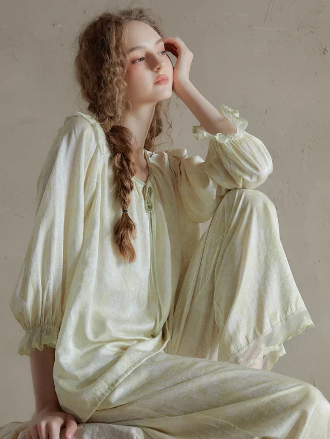 Vintage Ruffled Lace Trim Pajama Set