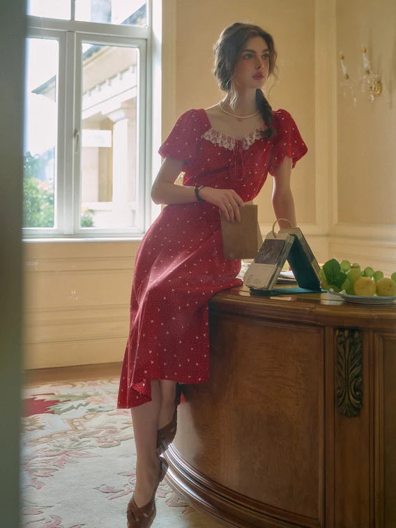Lace Trim Retro Red Dress with Puff Sleeves