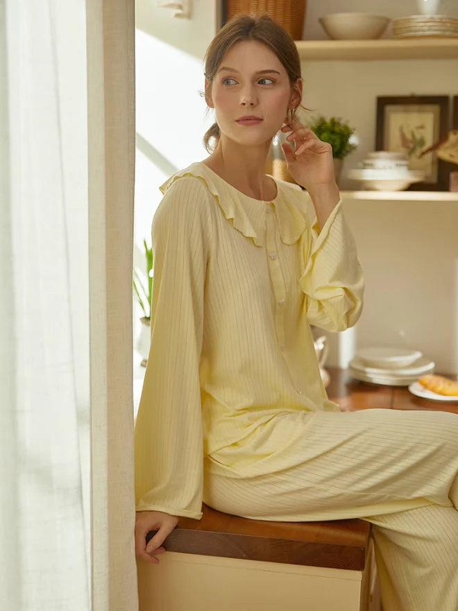 Soft Yellow Ruffled Collar Pajama Set