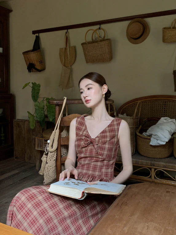 Summer Red Plaid Ribbon Dress