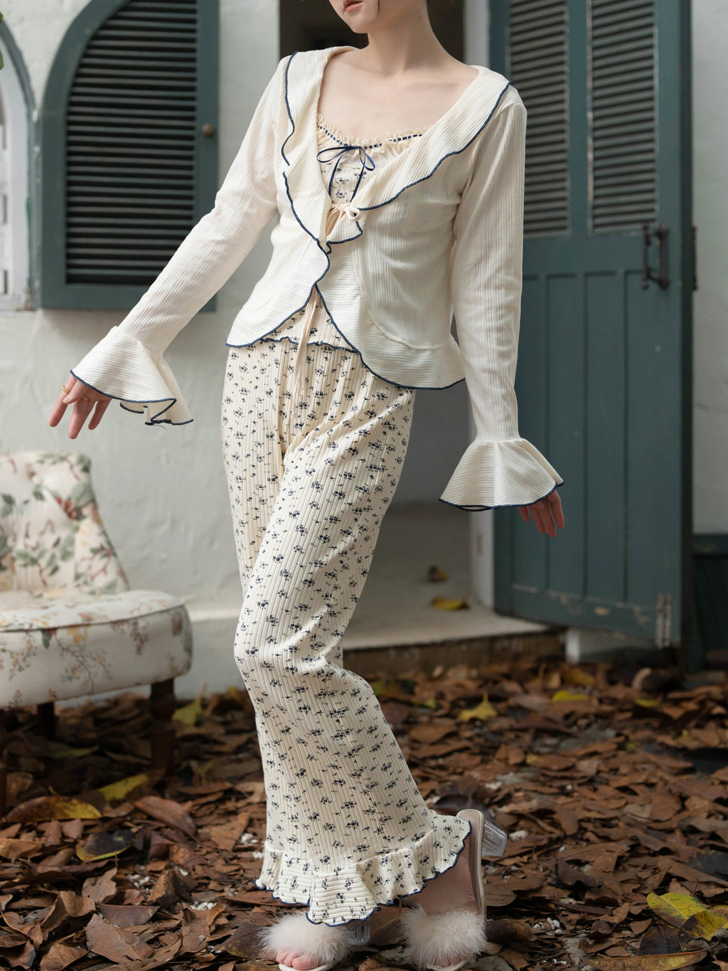 Navy Ribbon Floral Loungewear Set