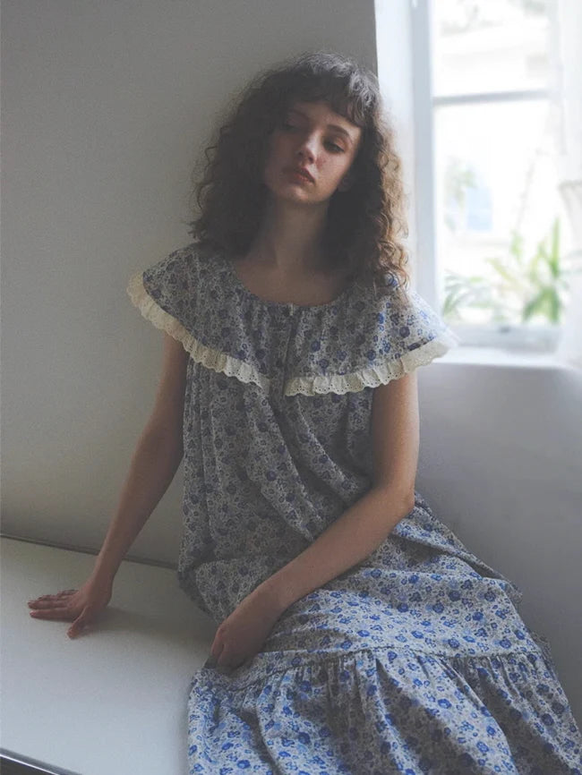 Blue Blossom Ruffle Cotton Nightgown
