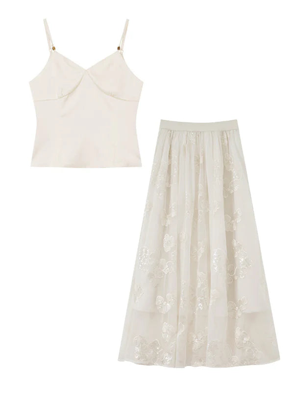 Whispering Petal Satin Top & Embroidered Tulle Skirt