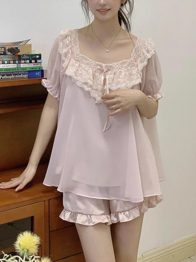 Blush Ruffle Lace Chiffon Pajama Set