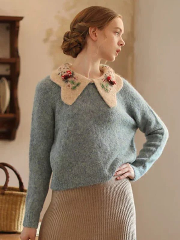 Floral-Collared Alpaca Sweater