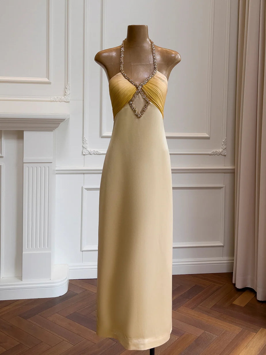 Golden Twilight Beaded Halter Dress