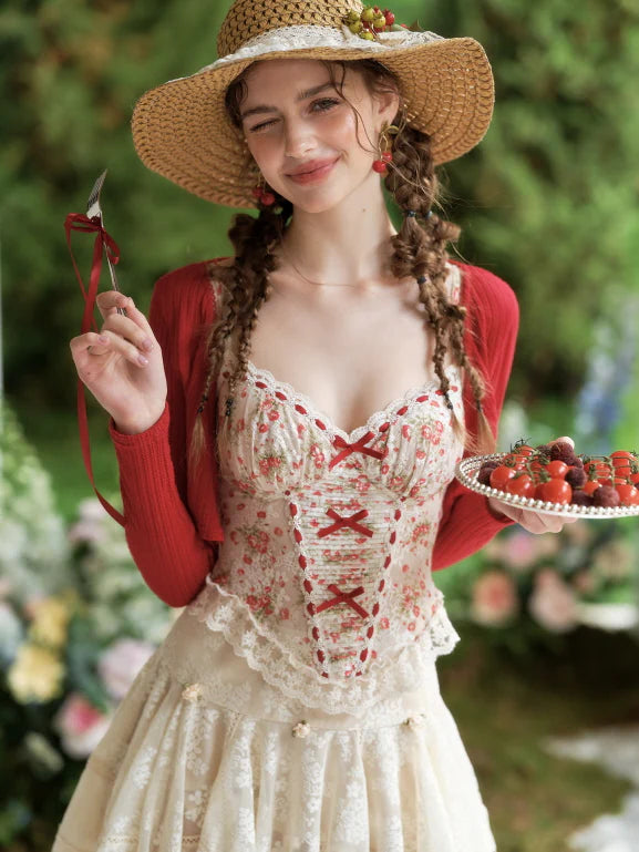 Strawberry Lace Corset & Vintage Cream Skirt