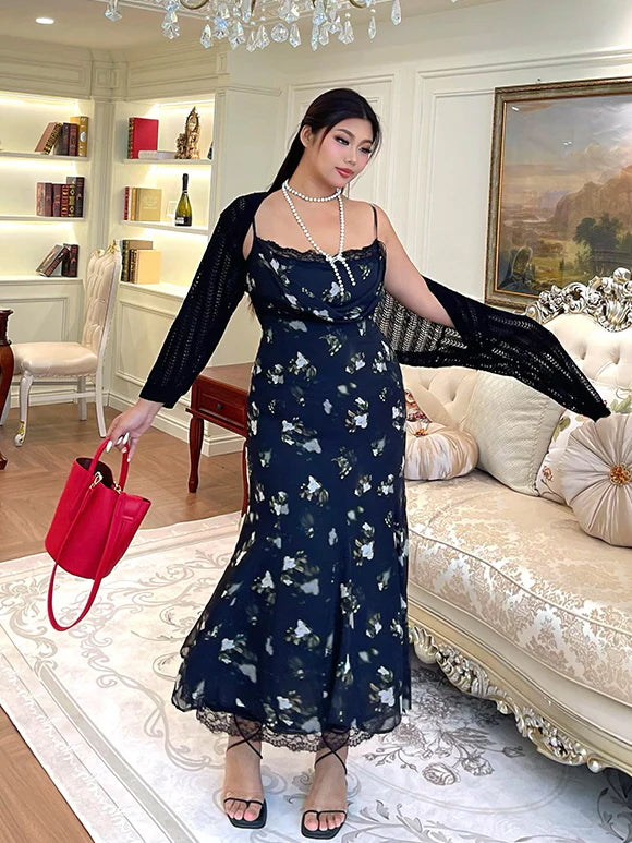 Midnight Bloom Lace Trim Floral Dress