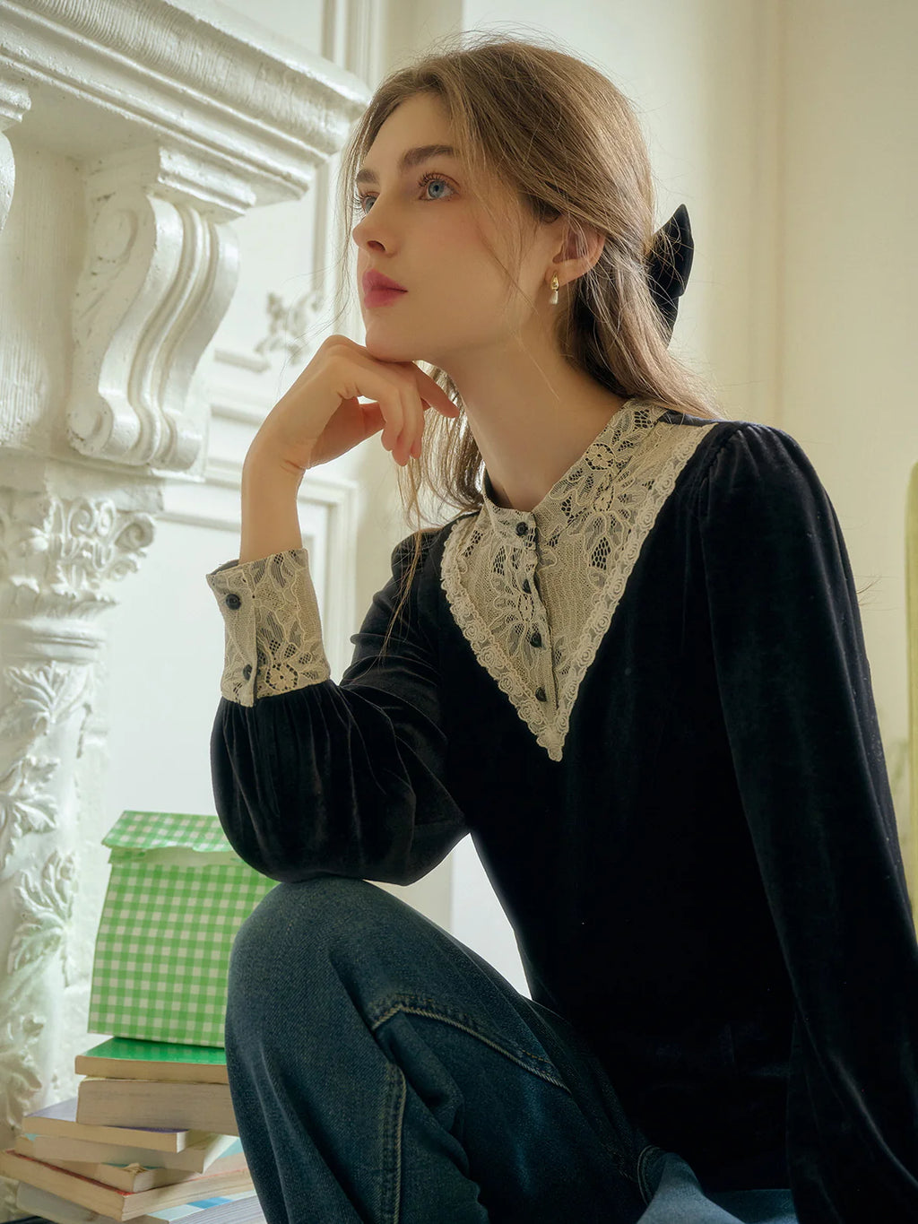 Victorian Lace Trim Black Velvet Blouse