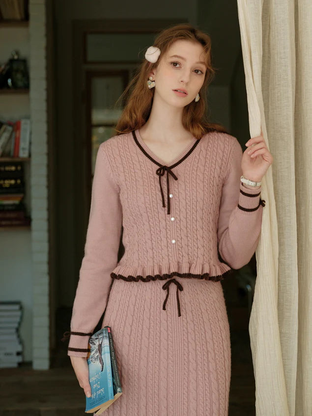 Ribbon Trim Ruffle Knit Cardigan