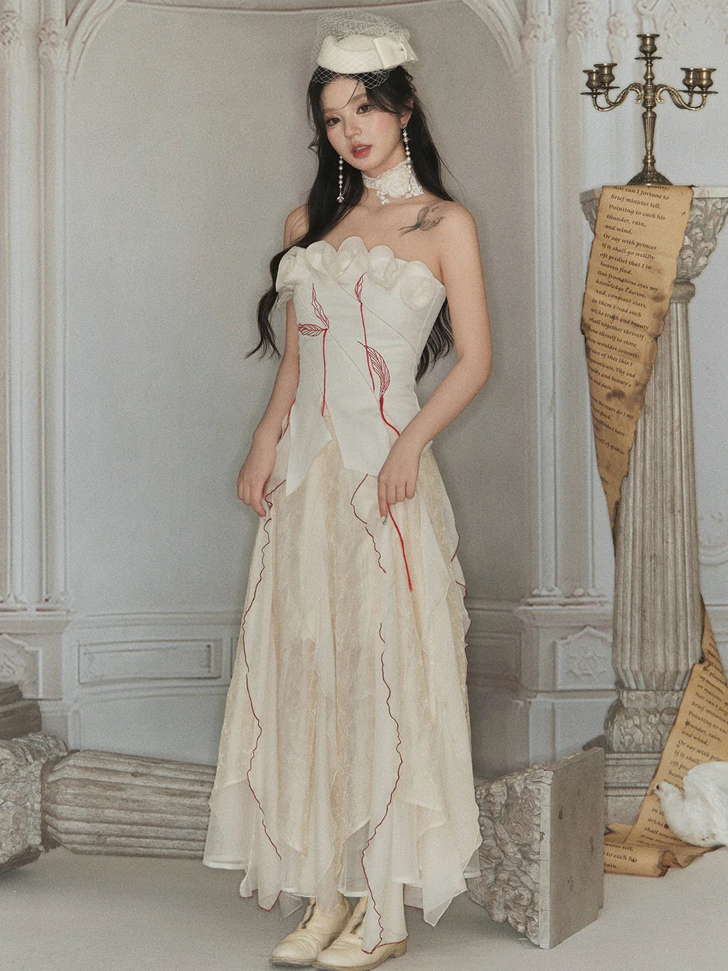 Enchanted Rose Embroidered Corset & Flowing Chiffon Skirt