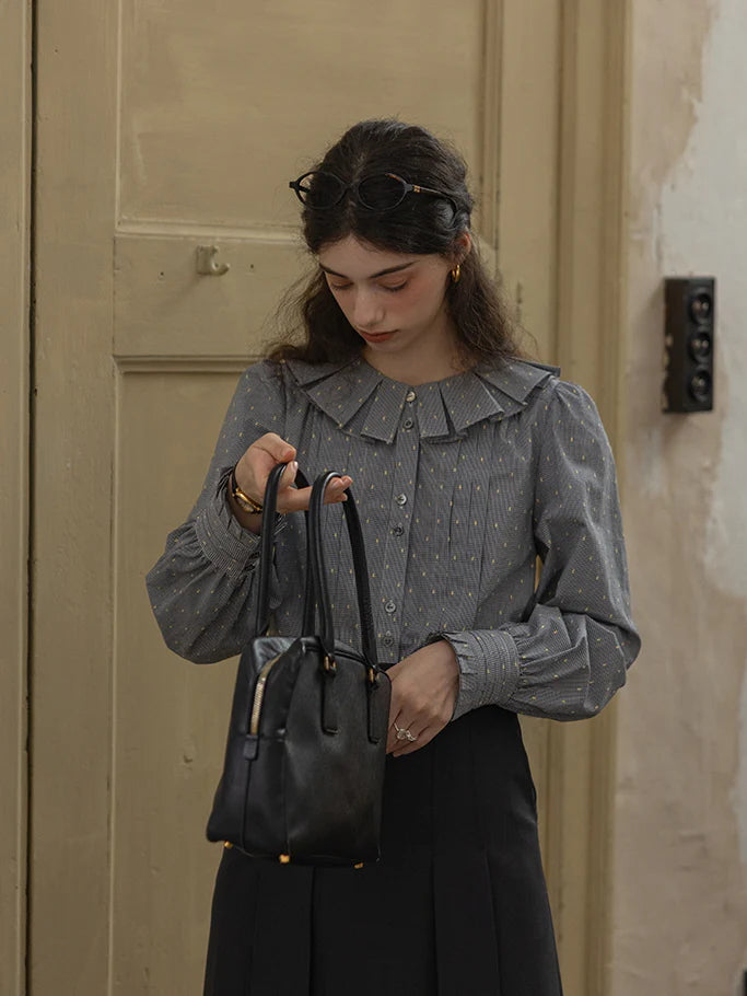 Ruffled Collar Classic Checkered Cotton Blouse