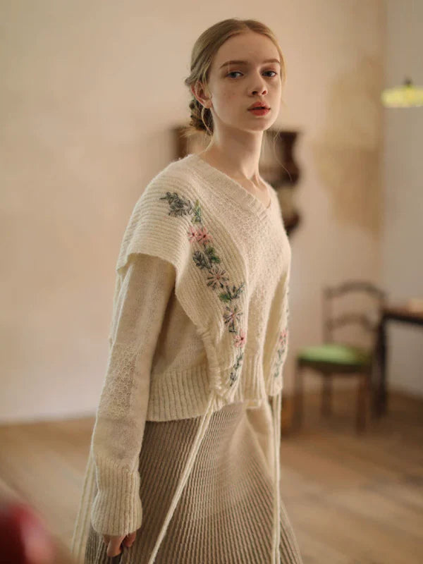 Embroidered Floral V-Neck Sweater