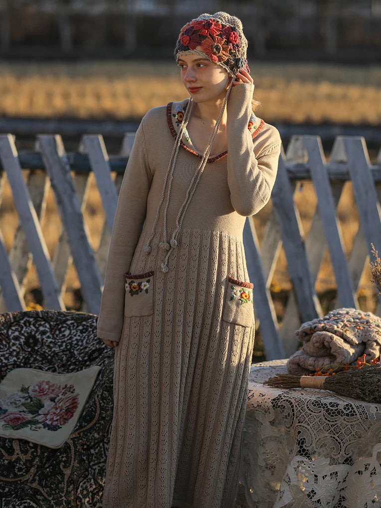 Warm Beige Elegance Floral Knit Dress