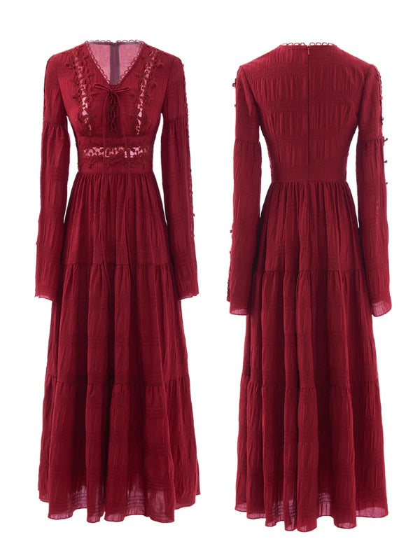 Ruby Elegance Lace-Up Maxi Dress