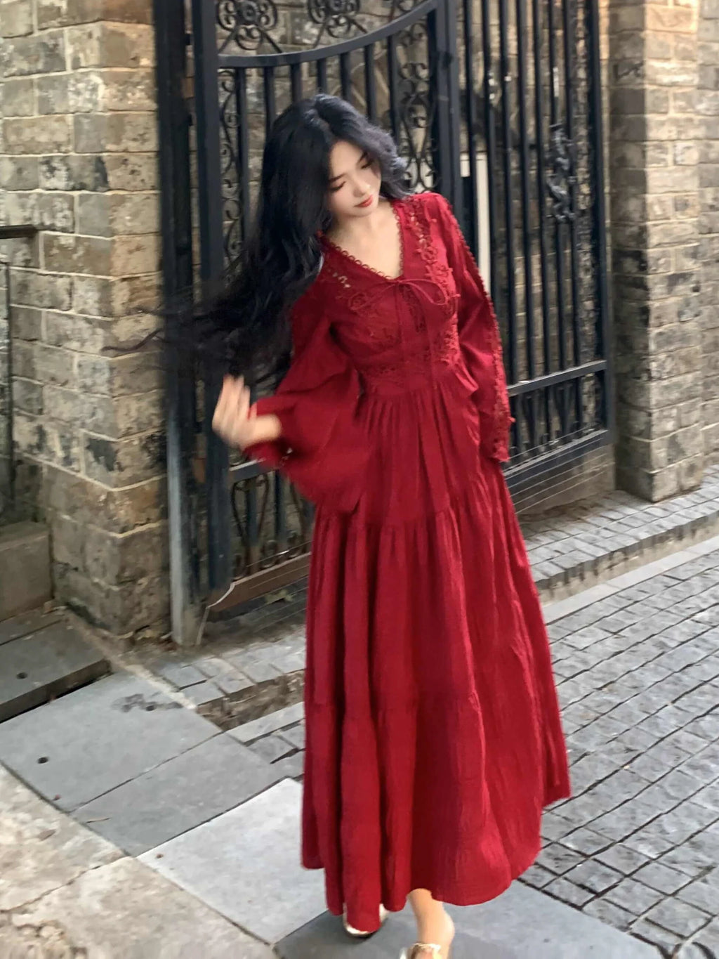 Ruby Elegance Lace-Up Maxi Dress