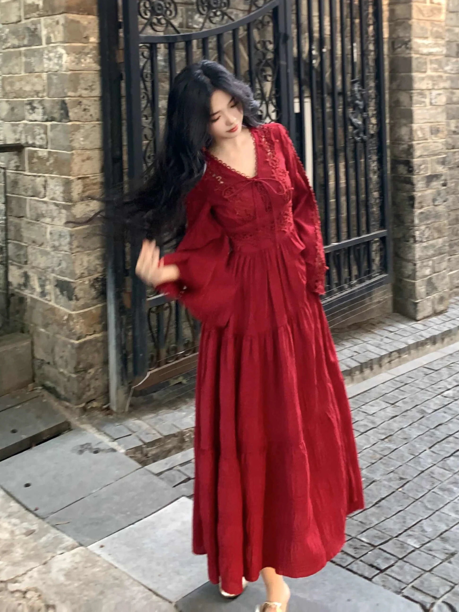 Ruby Elegance Lace-Up Maxi Dress