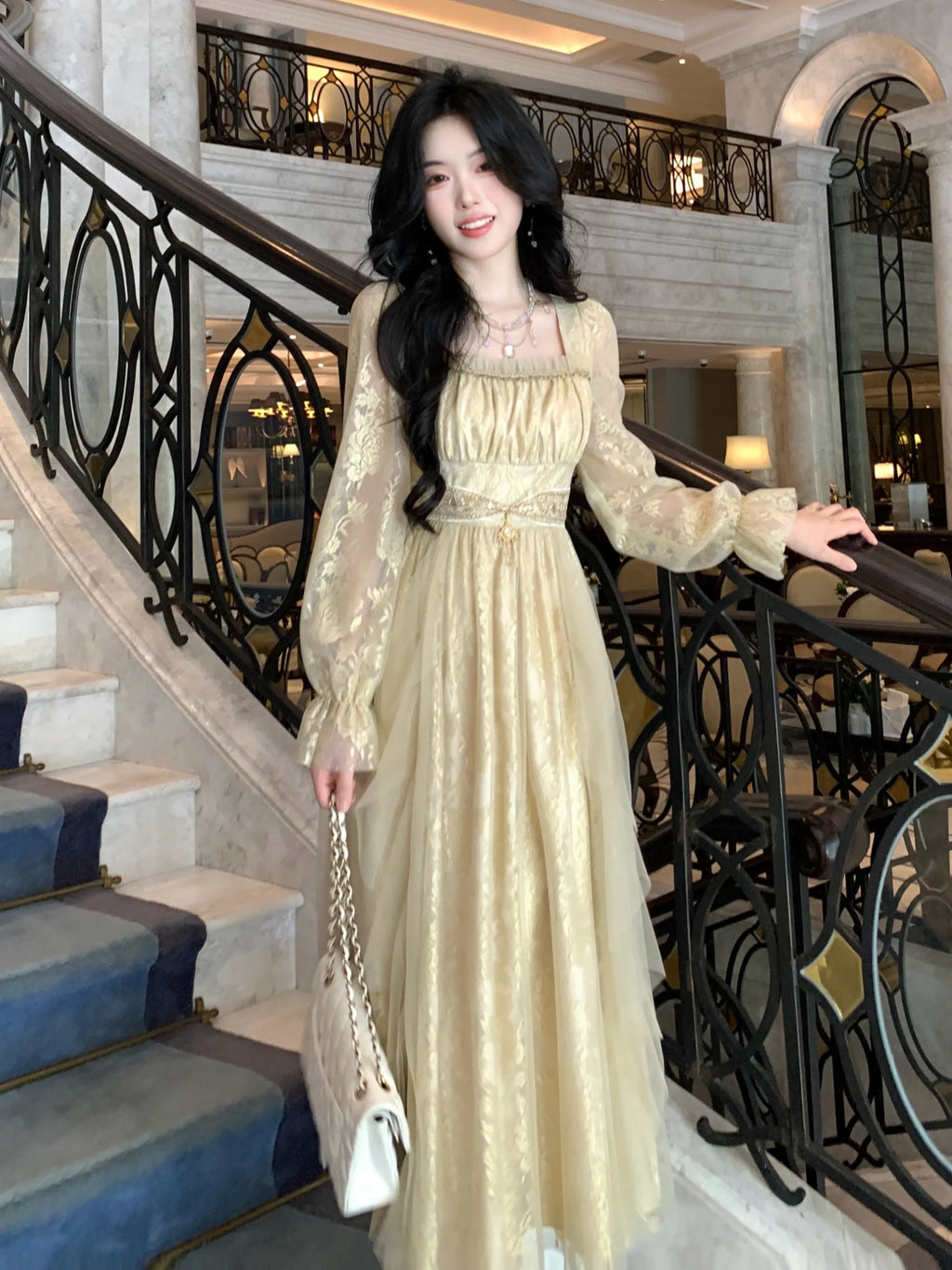 Golden Elegance Vintage Lace Dress