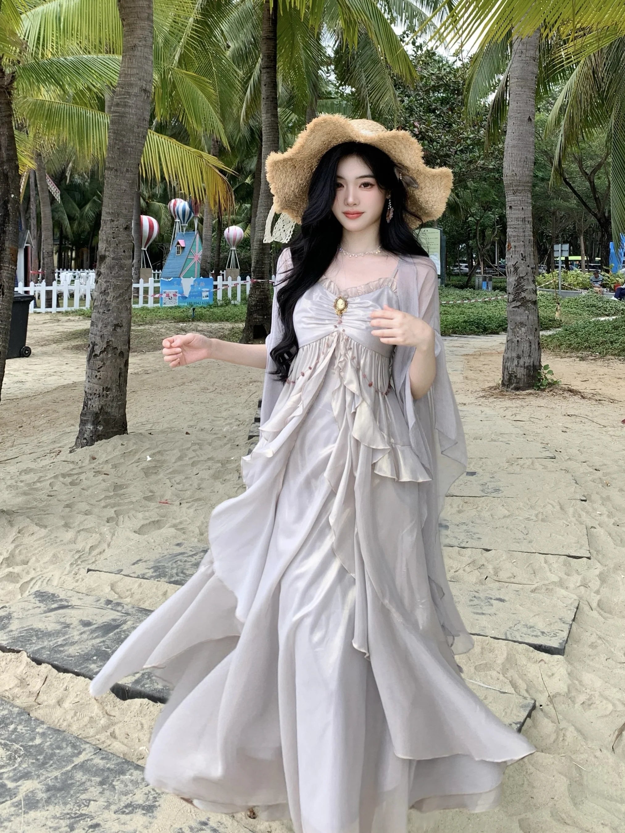 Vintage Brooch Elegance Ruffled Gown