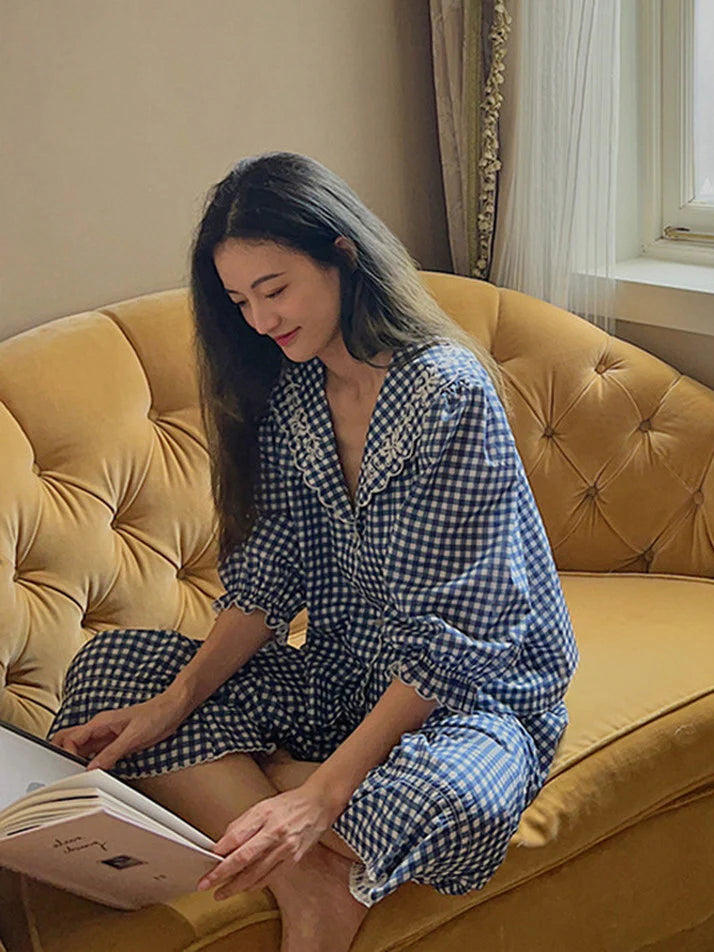 Navy Gingham Lace Collar Pajama Set