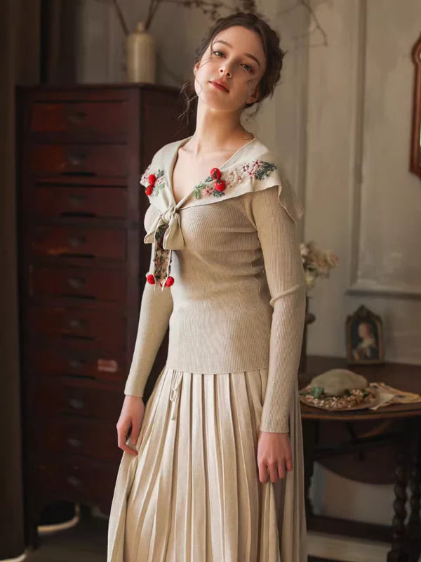 Retro Soft Knit with Floral Embroidery