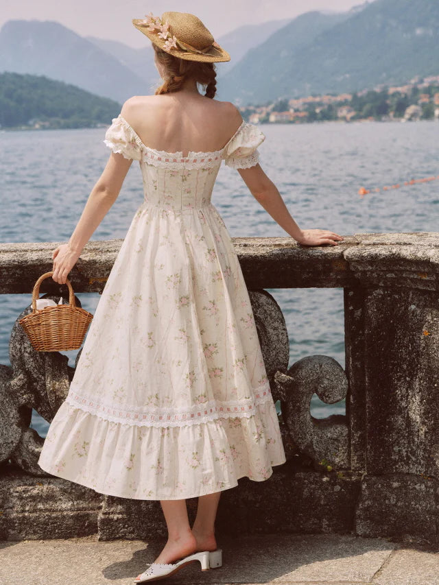 Vintage Rose Garden Lace-Up Off-Shoulder Dress